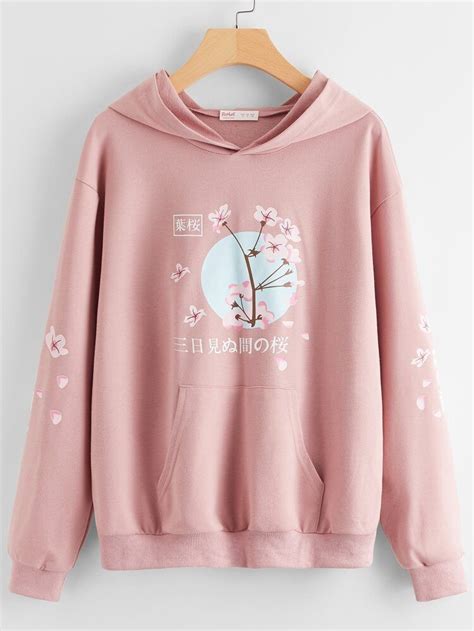 Shop Japanese Letter Sakura Graphic Hoodie At Romwe Discover More