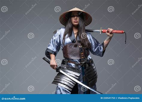 Woman Samurai Dressed In Armored Kimono With Katana Stock Image Image