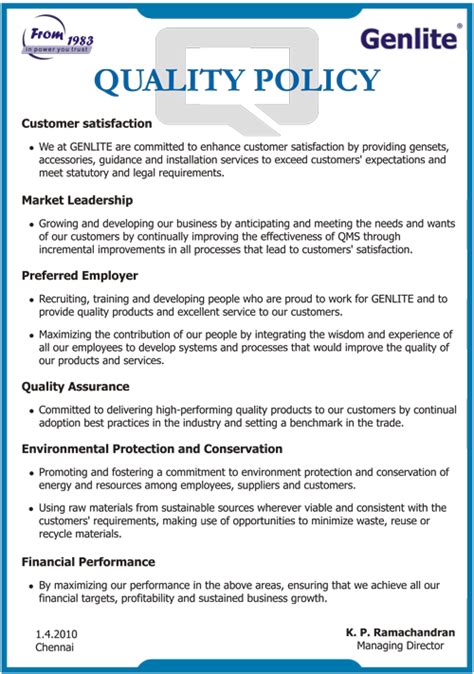 Quality Policy And Objectives Genlite