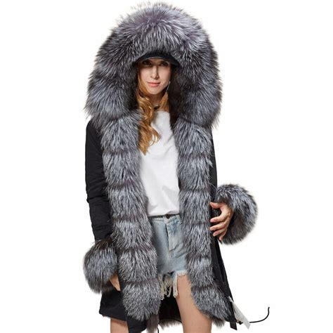 Moda Jaqueta De Inverno Mulheres Casaco De Pele De Raposa De Prata Real Fox Gola De Pele