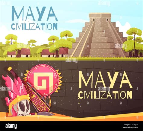 Cartoon Set Of Two Horizontal Banners With Maya Civilization Pyramid