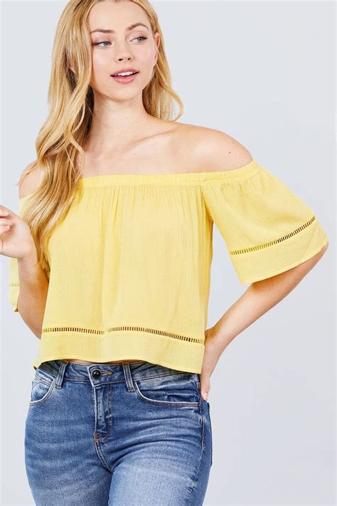 Yellow Off The Shoulder Lace Trim Woven Top Off Shoulder Fashion