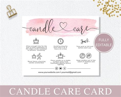 Editable Candle Care Card Candle Care Instructions Template Etsy