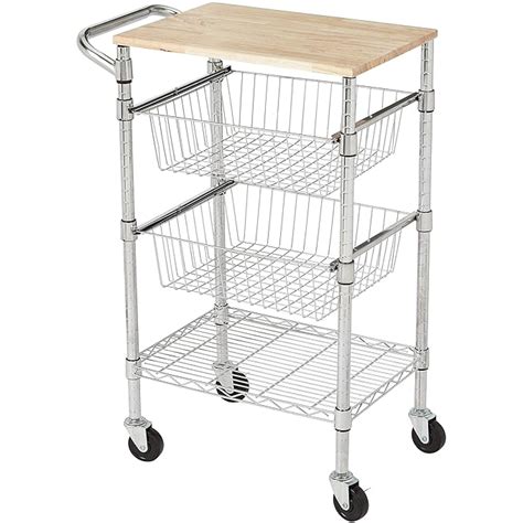 Amazonbasics 3 Tier Metal Basket Rolling Cart With Wood Top