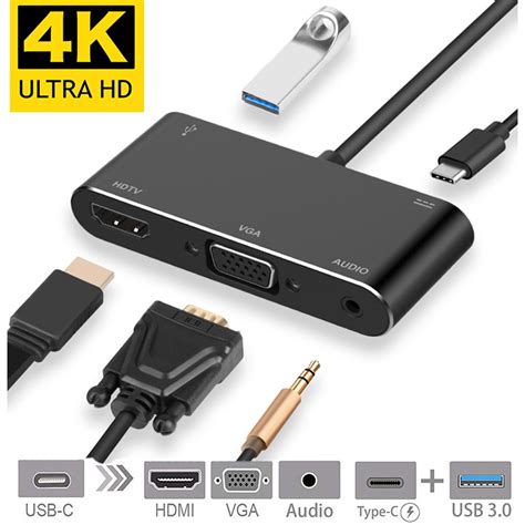 5 In 1 USB C Hub Type C To HDMI VGA Audio USB 3 0 Port PD Converter 4K