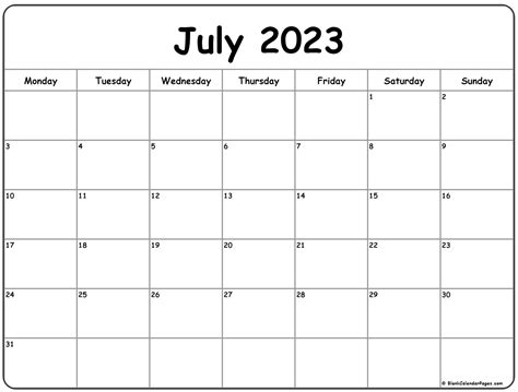 July Calendar 2021 Monday Start