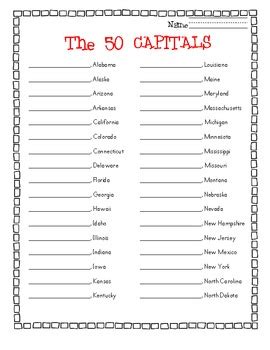 This page lists the state capitals for the 50 us states. 50 States & Capitals activity sheet by Tami Teaches ...