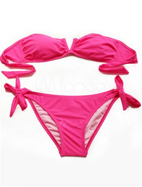 Hot Pink Lycra Spandex Twisted Solid Color Women S Bikini Swimsuit