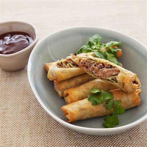 Crisp Duck Spring Rolls With Asian Barbecue Dip Recipe Spring Rolls Food Chicken And Chips