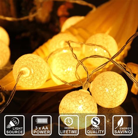 23m 20 Led Cotton Ball String Lights Battery Colorful Home Decoration