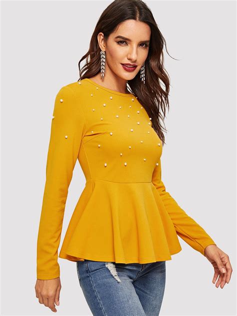 pearl embellished peplum top long sleeve blouse blouses for women fall blouse