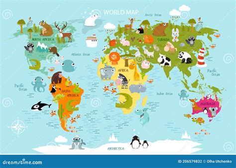 PrintÑŽ Vector Map Of The World With Cartoon Animals For Kids Stock