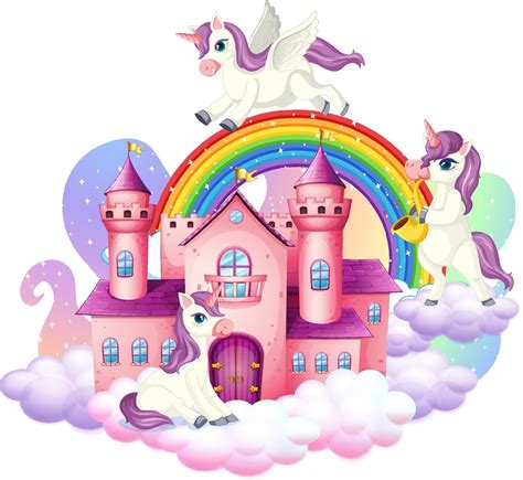 Many Cute Unicorns Cartoon Character With Castle On The Cloud 3188768