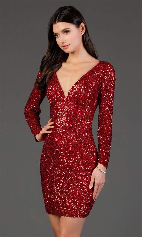 Scala 60036 Fully Sequin V Neck Long Sleeve Fitted Cocktail Dress