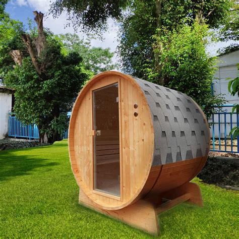 Outdoor Rustic Cedar Barrel Steam Sauna With Bitumen Shingle Roofing