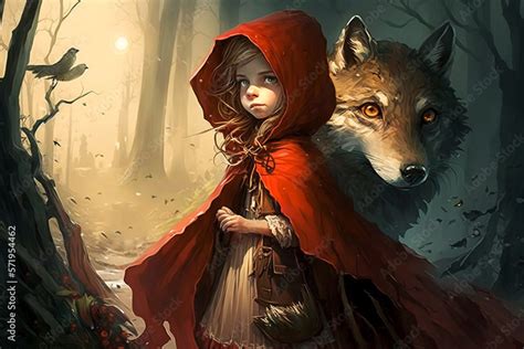 illustration of the classic tale little red riding hood and the wolf girl in red hood and wolf