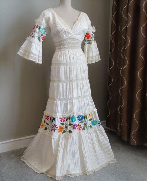 Vtg 70s Mexican Wedding~festival Dress Pintuck~lace~embroidery Boho