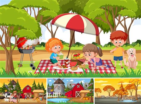 Four Different Scenes With Children Cartoon Character 2160360 Vector
