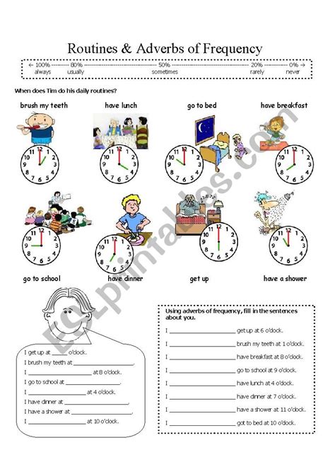 Adverbs of time that tell us when are usually placed at the end of the sentence. Routines, time and adverbs of frequency - ESL worksheet by kirstyjay