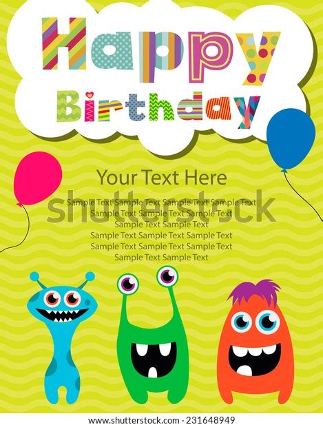 Happy Birthday Invitation Card Design With Cute Monsters And Balloons