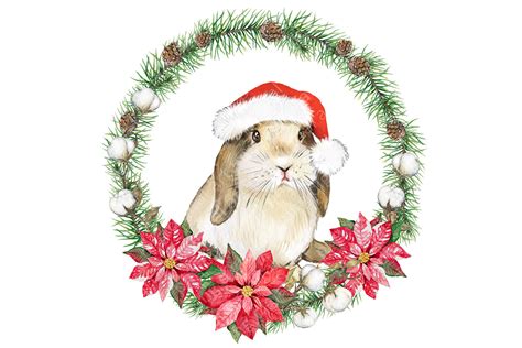 Christmas Rabbits Watercolor Clipart Christmas Card Greetings Card By