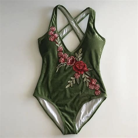 women embroidery floral velvet swimsuit sexy 2018 one piece swimming suits flower bathing suit