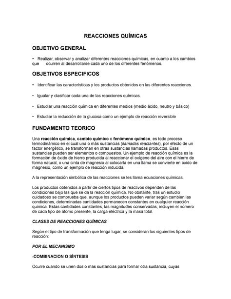 Informe Reacciones Quimicas Reacciones QuÍmicas Objetivo General