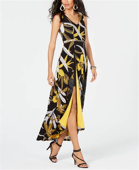 Thalia Sodi Womens Printed Belted Detail Maxi Dress Gold Floral Size