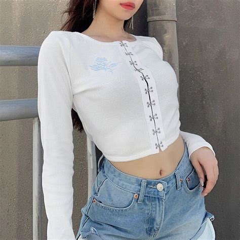 Indie Aesthetic Embroidered Basic Crop Shirt Cosmique Studio