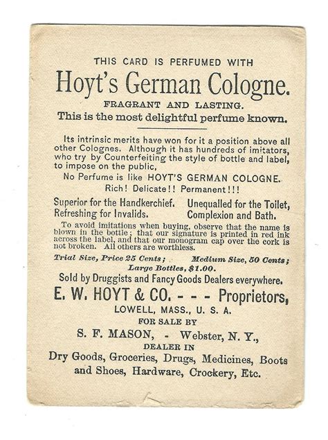 Old Trade Card Hoyts German Cologne Hoyt Lowell Ma Mason Store Drugs