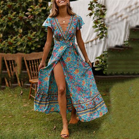Bohemia Summer Women Dresses Sexy Floral Print Beach Long Maxi Dress