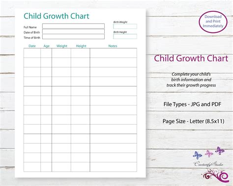 Child Growth Chart Tracker Growth Progress Kids Measurement Weight