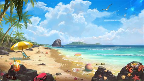 Download 1920x1082 Anime Seascape Beach Clouds Summer
