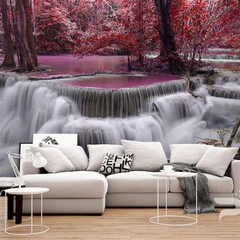 Colorful Waterfall Wall Mural Autumn Forest Wallpaper 3d Etsy