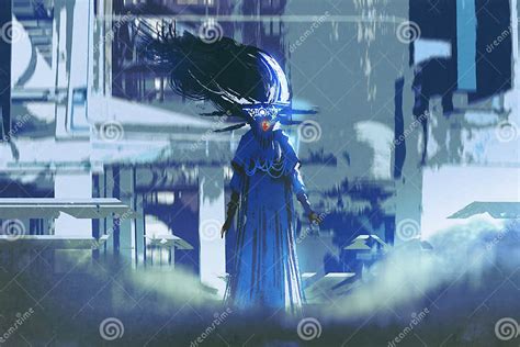 femme dans une robe bleue se tenant dans la ville futuriste illustration stock illustration du