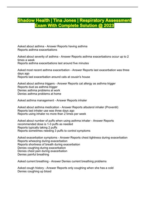 Shadow Health | Tina Jones | Respiratory Assessment Exam With Complete