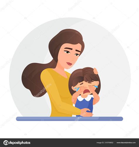 Mother Supporting Crying Little Daughter Flat Vector Illustration