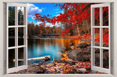 Autumn Lakeside 3d Window View Decal Wall Sticker Decor Art Mural Scenery Nature Ebay