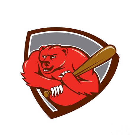 Grizzly Bear Baseball Player Batting Shield Cartoon Digital Art By