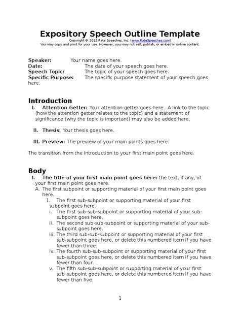 Expository Speech Outline Template Sub Sub Subpoint Level Pdf