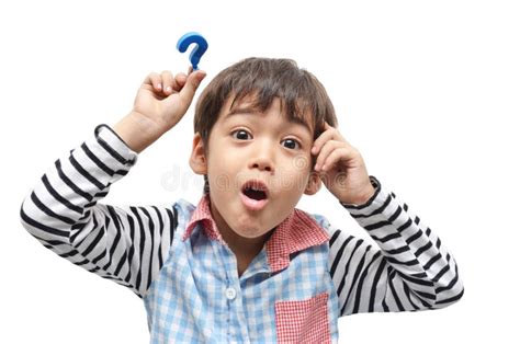 Little Boy With Question Mark Sign Need Answer On White Backgro Stock