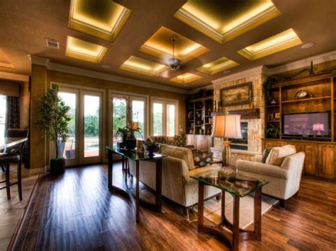 The final look of your coffered ceiling depends more on the accessories like proper lighting. Coffered ceiling with LED strip lighting behind molding ...