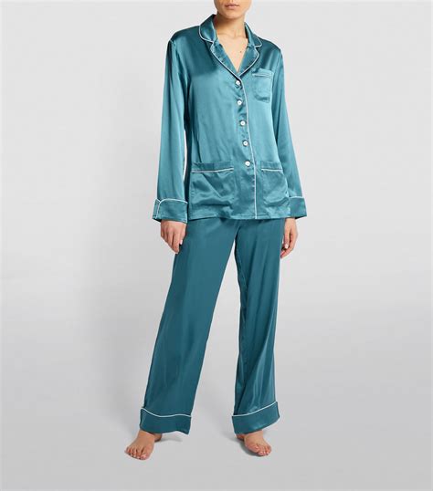 Olivia Von Halle Blue Embroidered Silk Coco Pyjama Set Harrods Uk