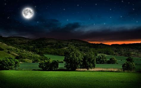 Field Hills Trees Full Moon Wallpapers Nature Night Skies Landscape