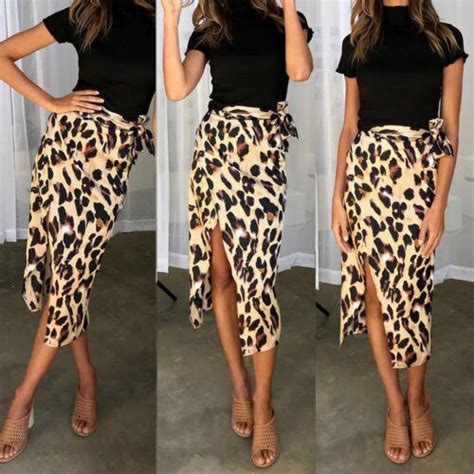 High Fashion Women High Waisted Skirts Bandage High Side Slit Leopard