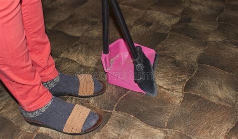 Woman With Broom And Dustpan Cleaning In Apartment Stock Image Image