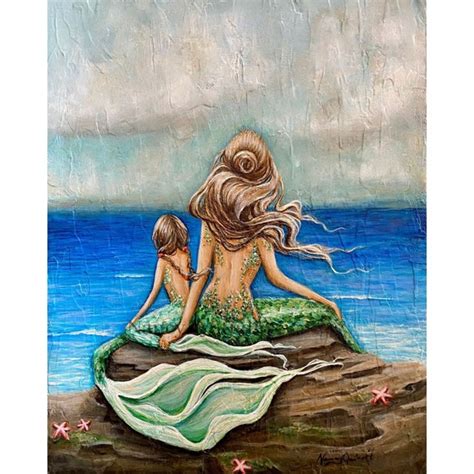 Mother And Daughter Mermaids On Rock Art Print Coastal Wall Etsy