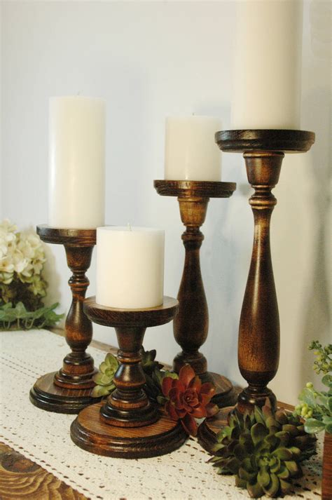 Wooden Pillar Candle Holders Set Of 3 Rustic Distressed Brown Carved
