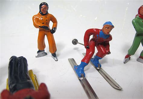 12 Vintage Barclay Lead Toy Figures Christmas Village Skiers Skaters