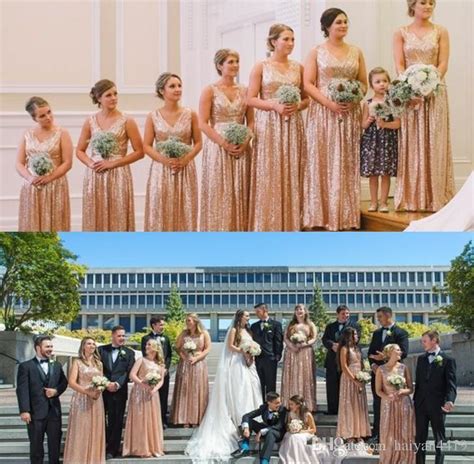 2019 Sparkly Rose Gold Sequins Bridesmaid Dresses V Neck Sleeveless